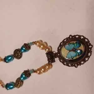 BLUE BUTTERFLY  BRONZE PENDANT LIKE, NEW WITH GENUINE  PEARLS, VINTAGE RARE FIND